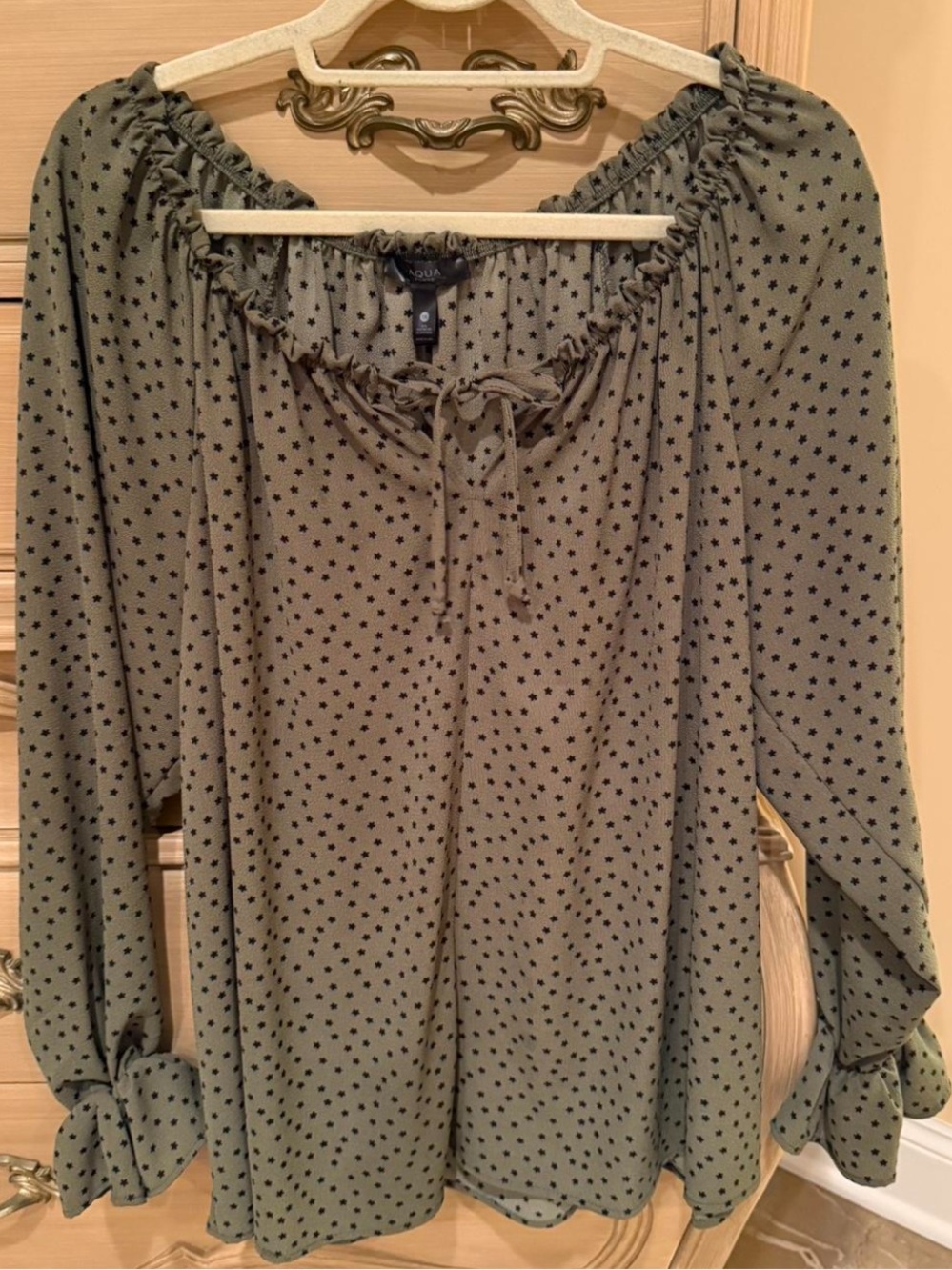 Aqua Olive Green Star-Print Peasant Top